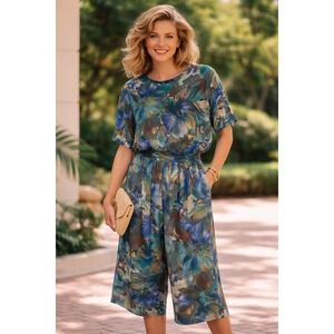 In Group Ltd 2 Piece Blouse & Palazzo Capri Set Women's 14 USA Colorful Floral